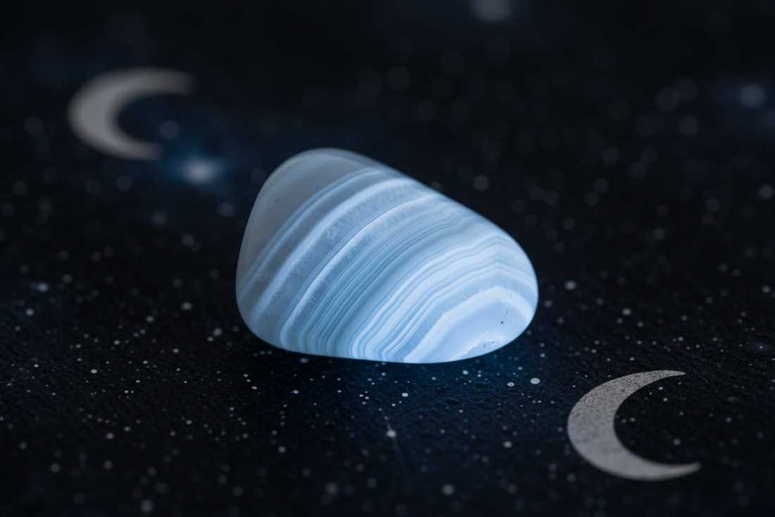 Collection of calming crystals for anxiety and stress relief including amethyst, lepidolite, and blue lace agate