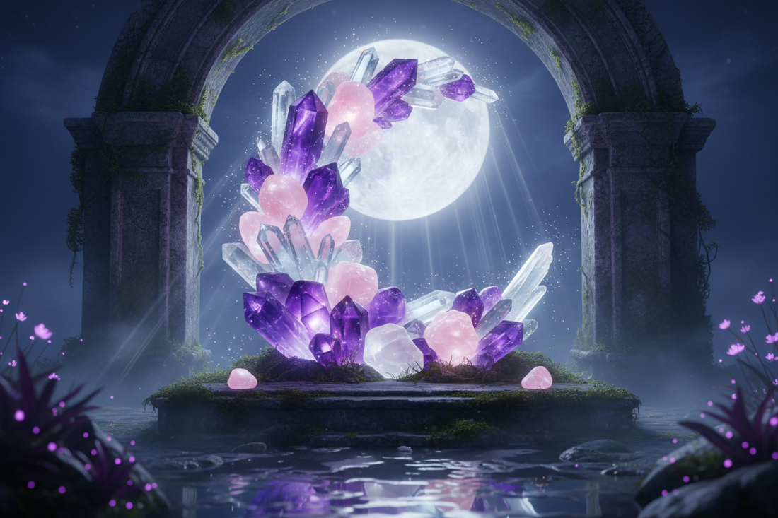 Crystal collection for lunar rituals and moon magic including labradorite, amethyst, and rose quartz under moonlight