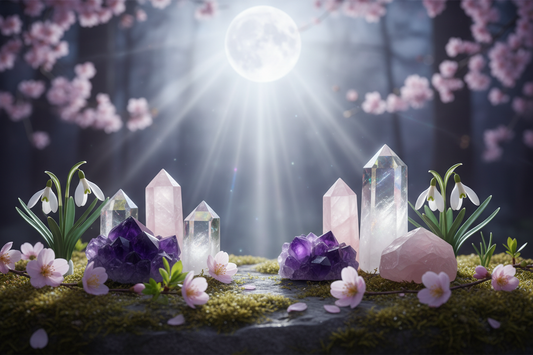 Crystal collection for new beginnings and fresh starts including labradorite, green aventurine, moss agate, and citrine