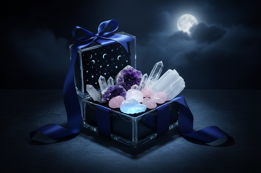 Beautiful crystal gift box with healing crystals for beginners including amethyst, rose quartz, and clear quartz