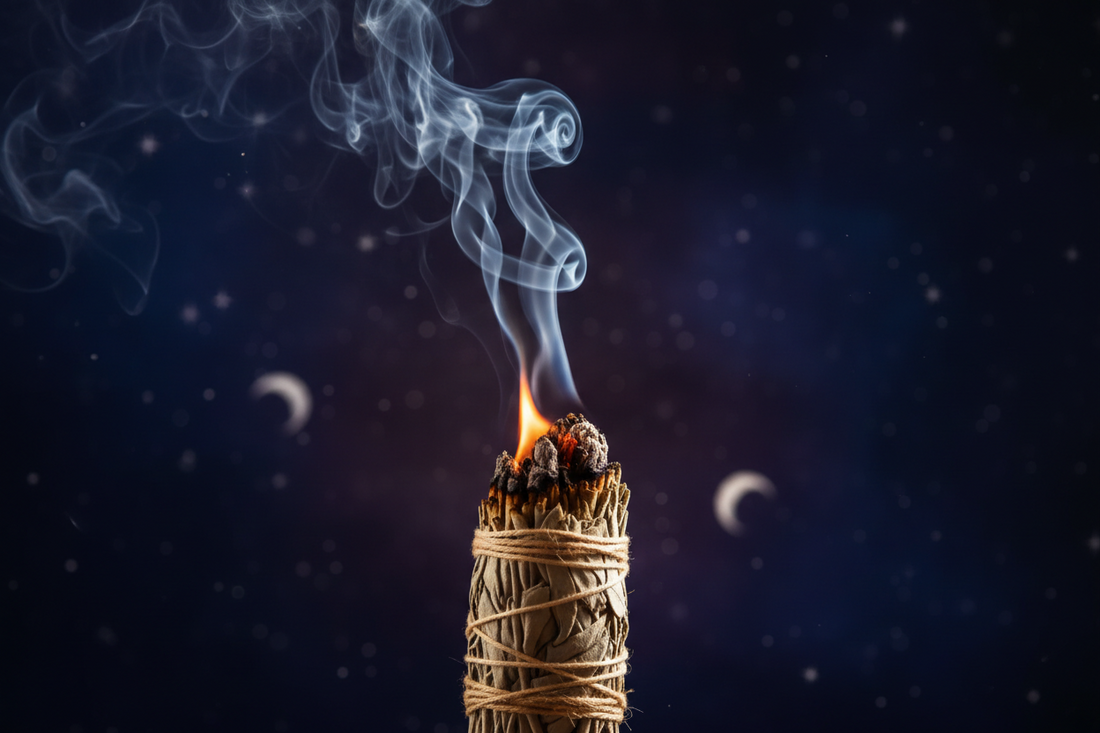 Sage bundle lightly burning and smoking for crystal cleansing and smudging ritual