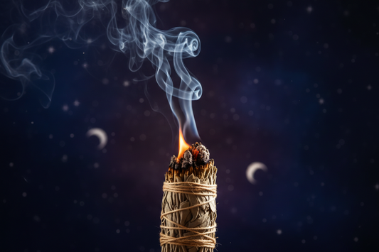 Sage bundle lightly burning and smoking for crystal cleansing and smudging ritual