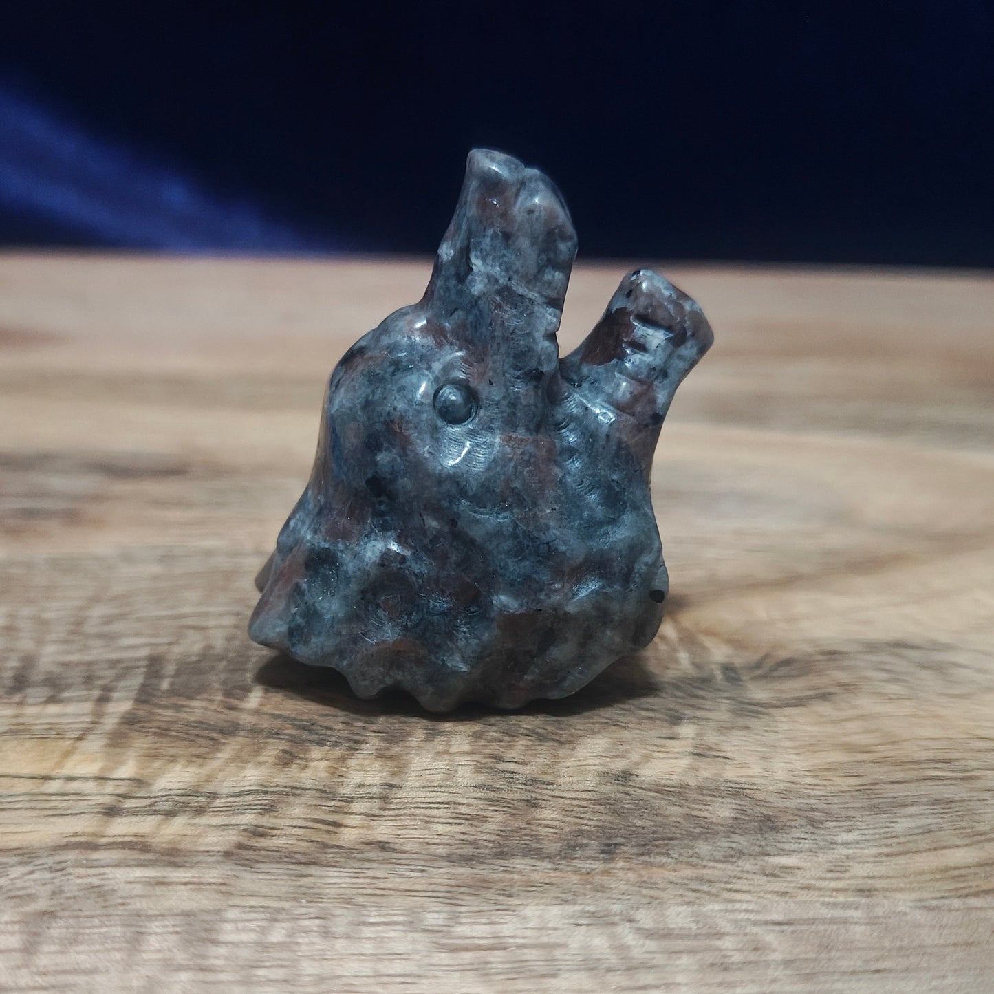 Decorative stone Wolf head on a wooden surface with a dark blue background